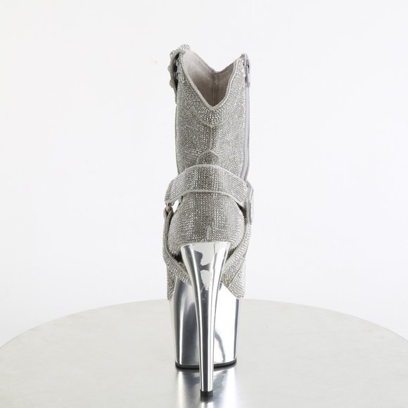 Pleaser Adore-1029CHRS Silver Rhinestone Chrome Cowboy Boots Platform Heels - Picture 4 of 5